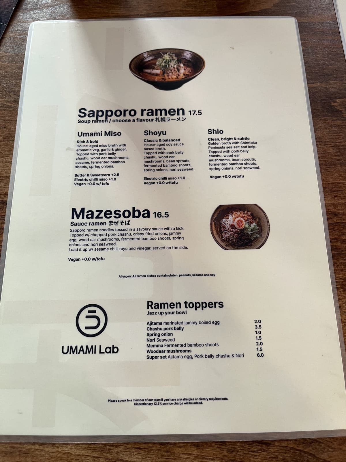 Umami Lab Sapporo ramen menu — Umami Miso, Shoyu, Shio broths