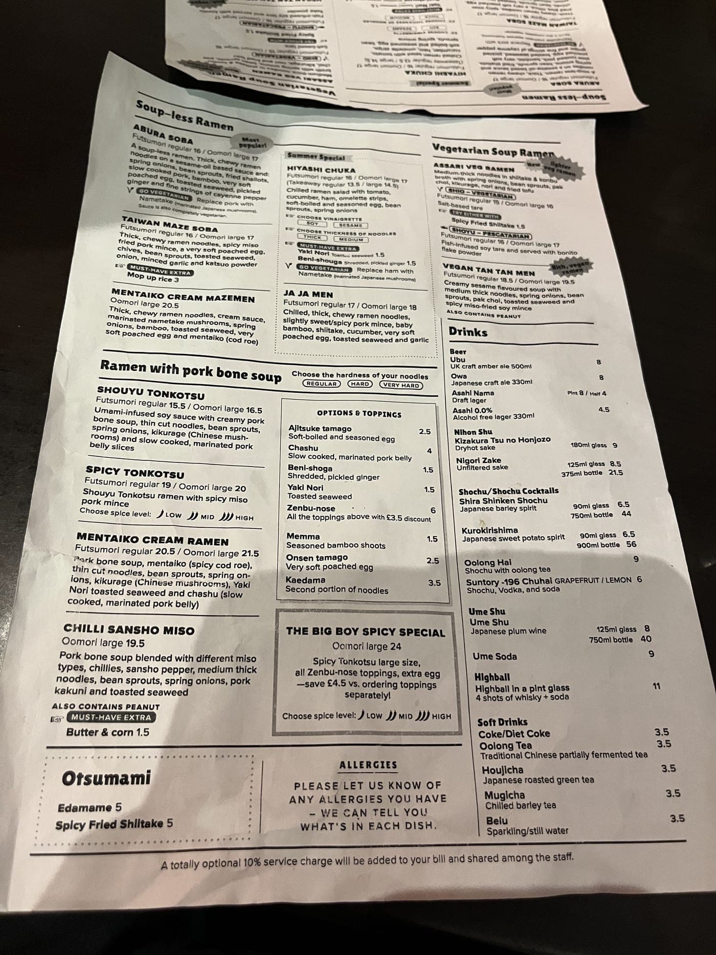 Monohon ramen menu — abura soba, tonkotsu, mentaiko cream, vegetarian ramen
